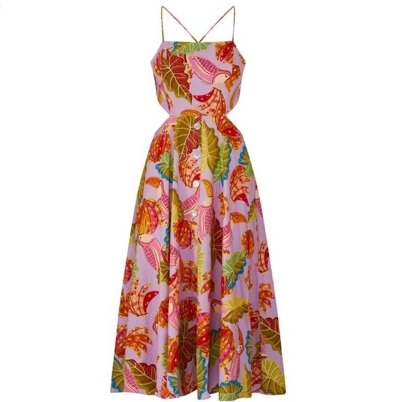FARM Rio Dresses & Skirts - Farm Rio Lilac Beaks and Bananas Print Cutout Midi Dress Button Front Womens | M